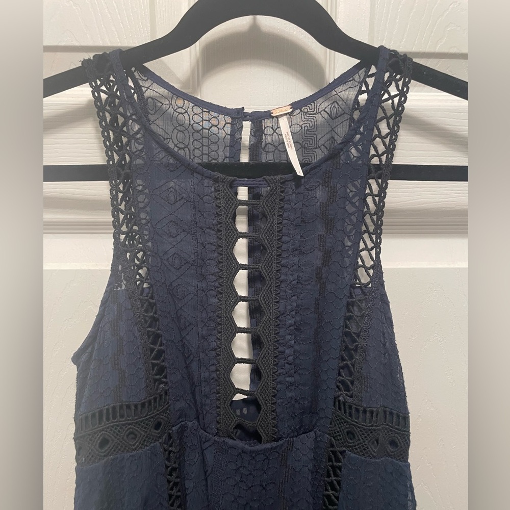 Free People Wherever You Go Mini Dress Black and Navy Lace with Pockets - Picture 3 of 6